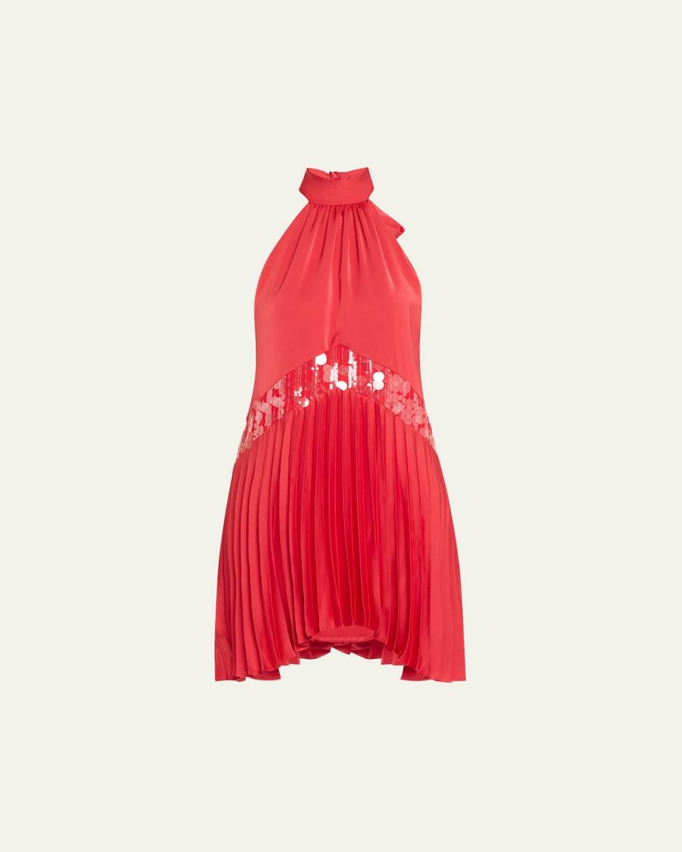 Marcia Sequined Pleated Halter Mini Dress